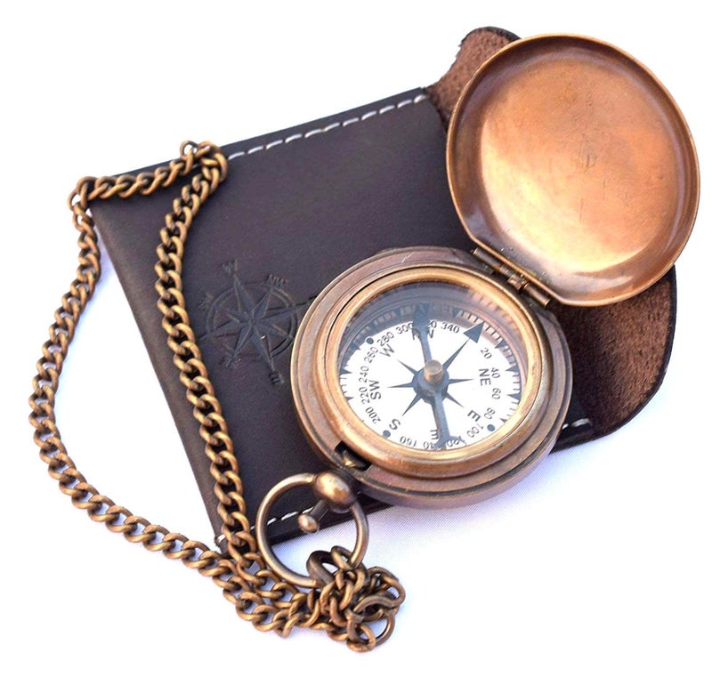 THOR INSTRUMENTS Handmade Nautical Brass Push Open Compass On Chain with Leather Case, Pocket Compass, Gift Compass Rustic Vintage Home Decor Gifts - Image 3